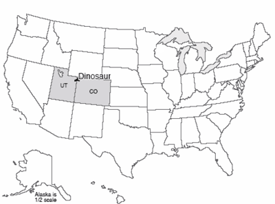 Map of the U.S. with Dinosaur National Monument highlighted at the meeting of the north borders of Utah and Colorado.